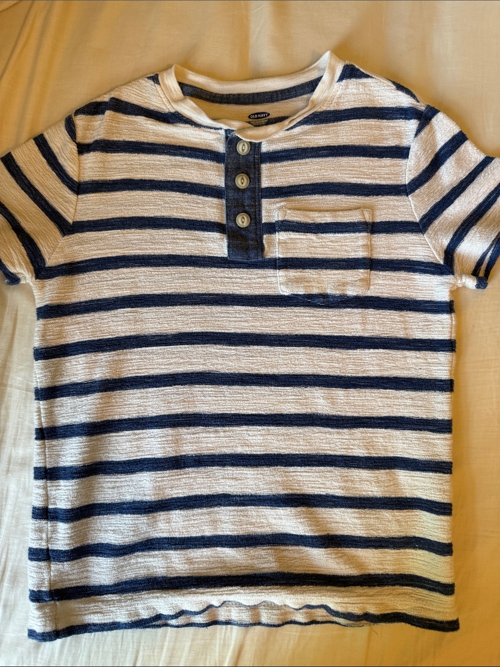 Old Navy Navy and White Striped Short Sleeve Henley Tee